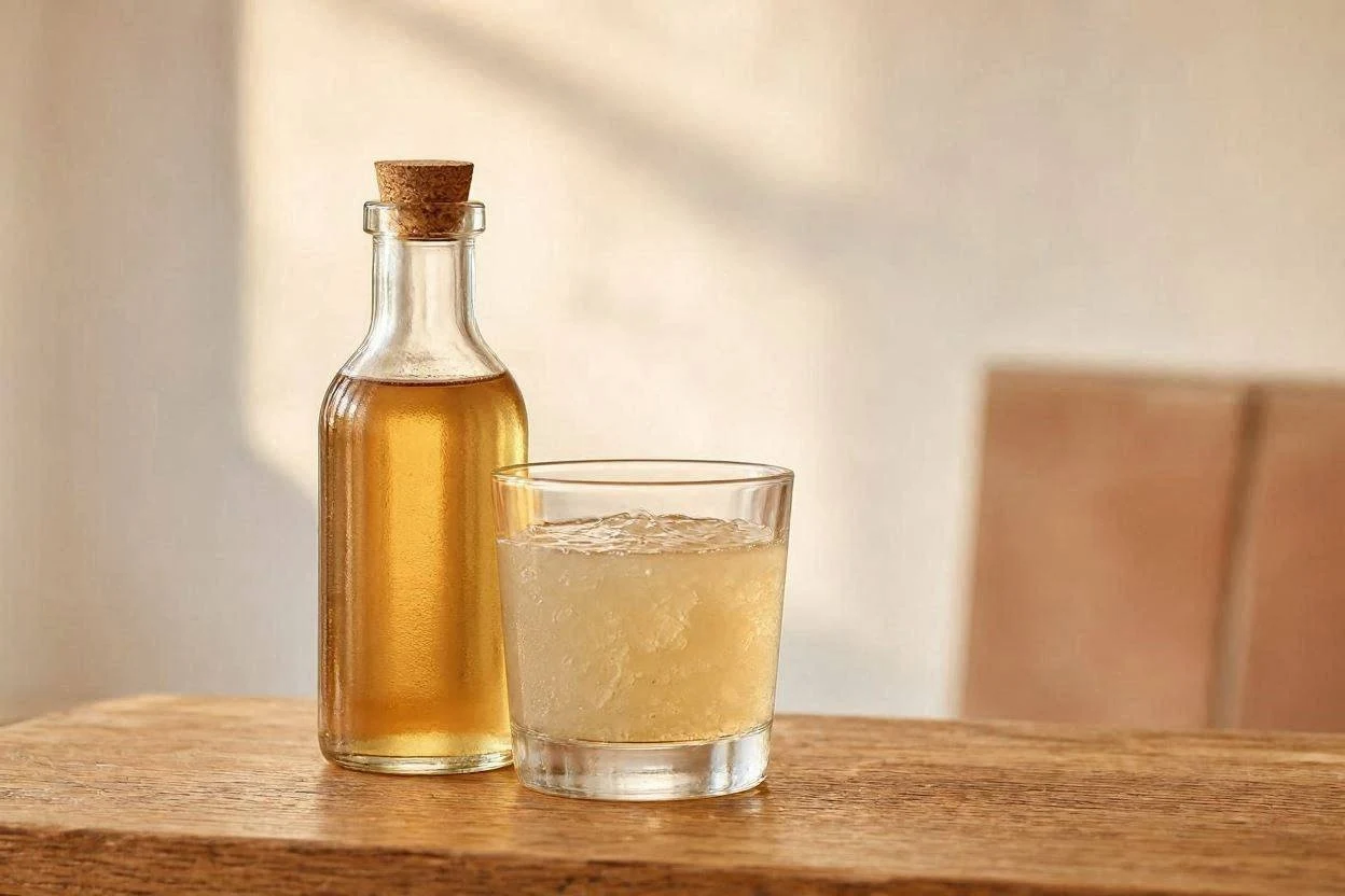 Bottle of apple cider vinegar next to a glass of gelatin drink