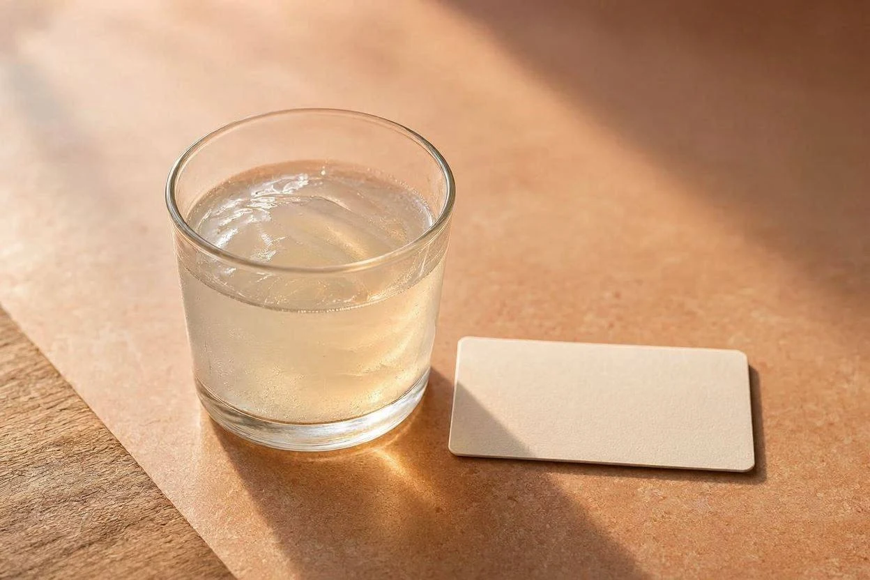 Glass of gelatin drink next to a medical allergy information card