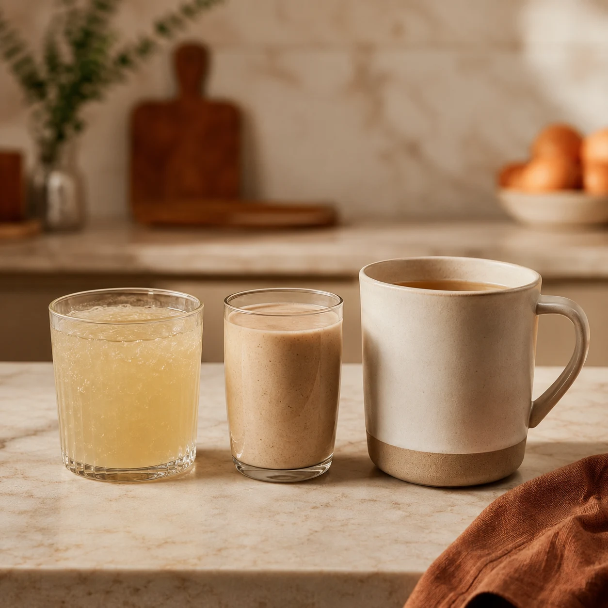 A few different pre-meal drink options lined up on a counter