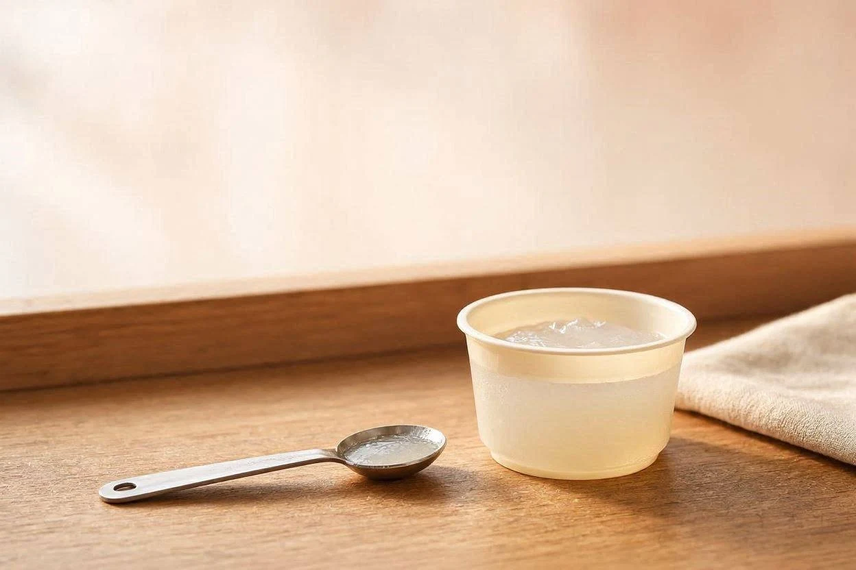Small cup of gelatin next to a measuring spoon, post-surgery diet friendly portion