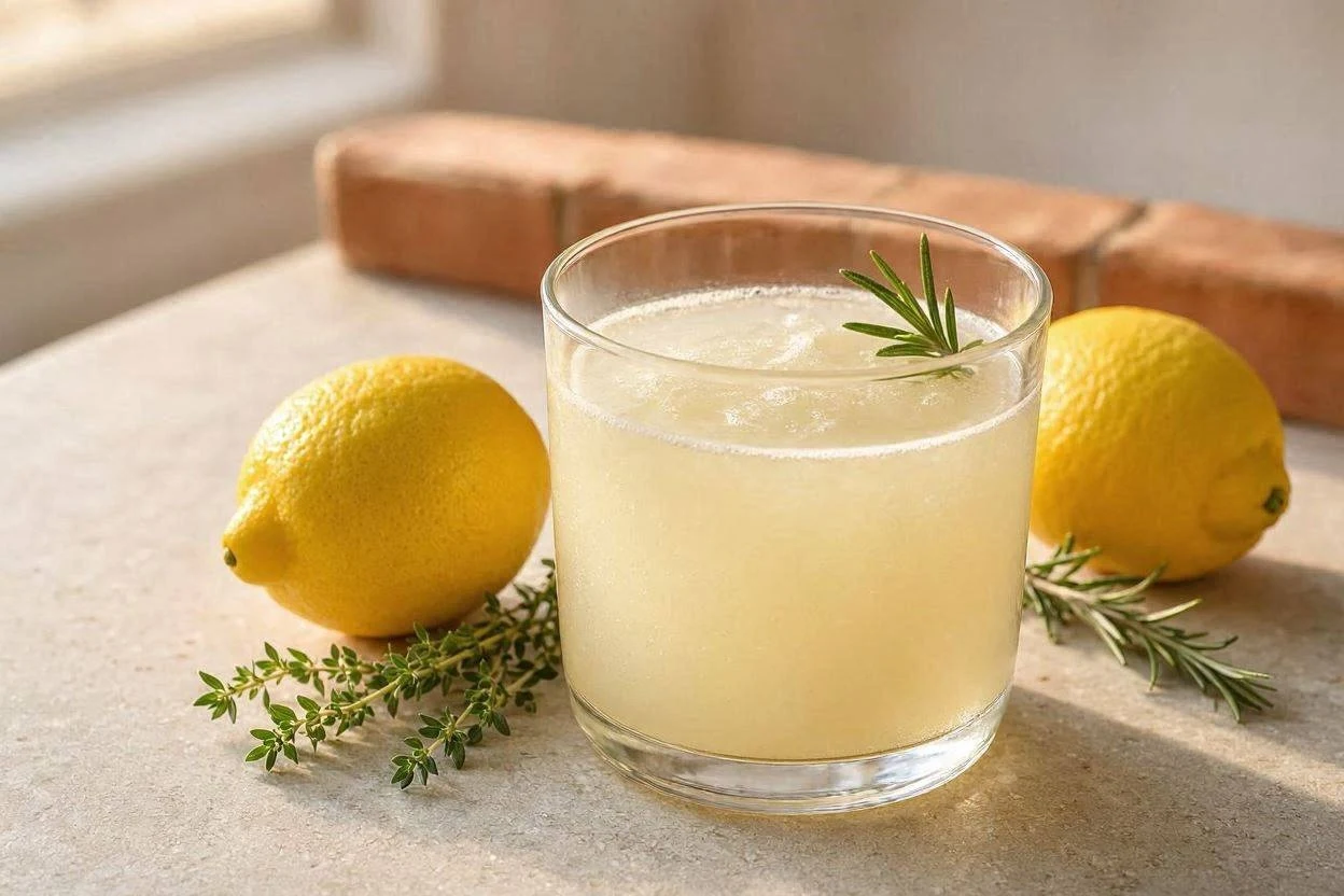 Glass of gelatin drink with fresh ingredients around it