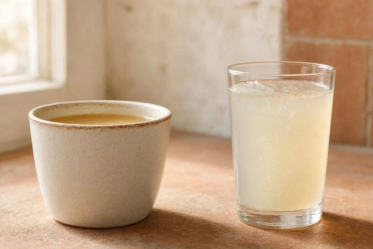 Mug of bone broth next to a glass of gelatin drink