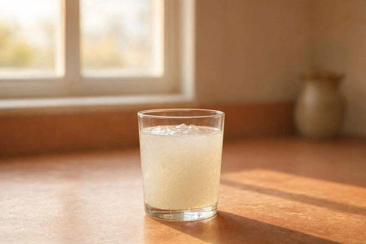 Glass of gelatin drink on a kitchen counter in morning light