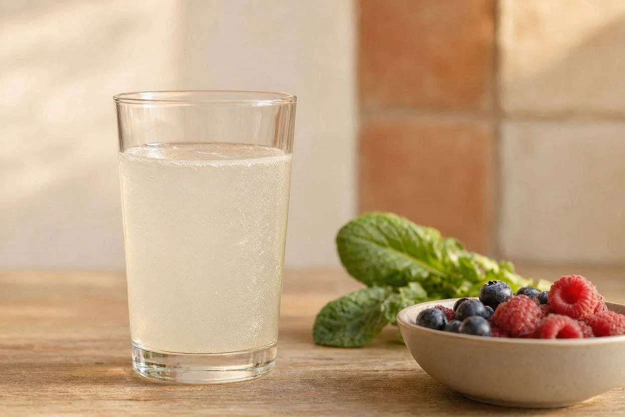 Glass of gelatin drink next to fresh vegetables and fruit