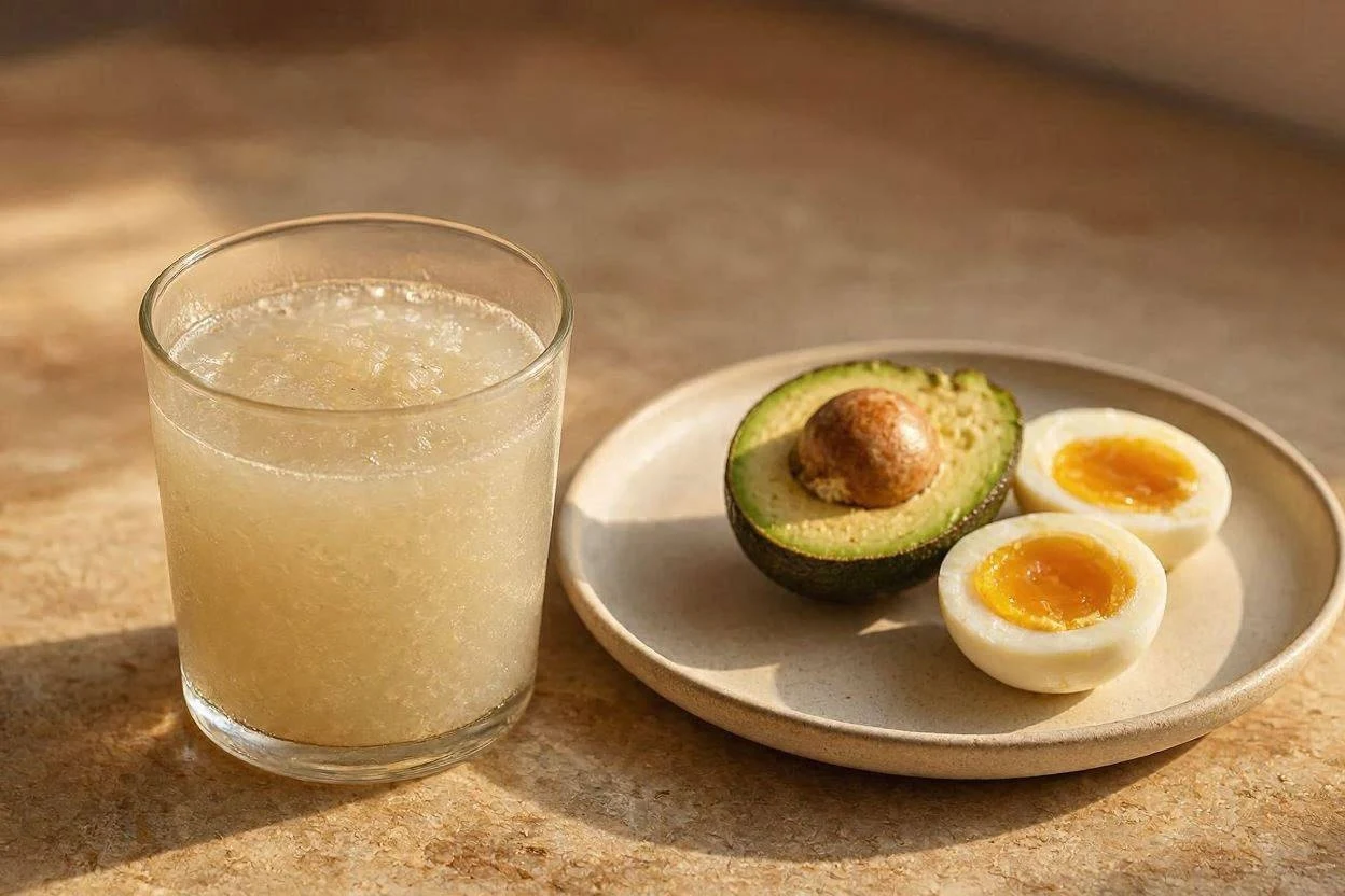 Glass of gelatin drink next to low-carb foods on a counter