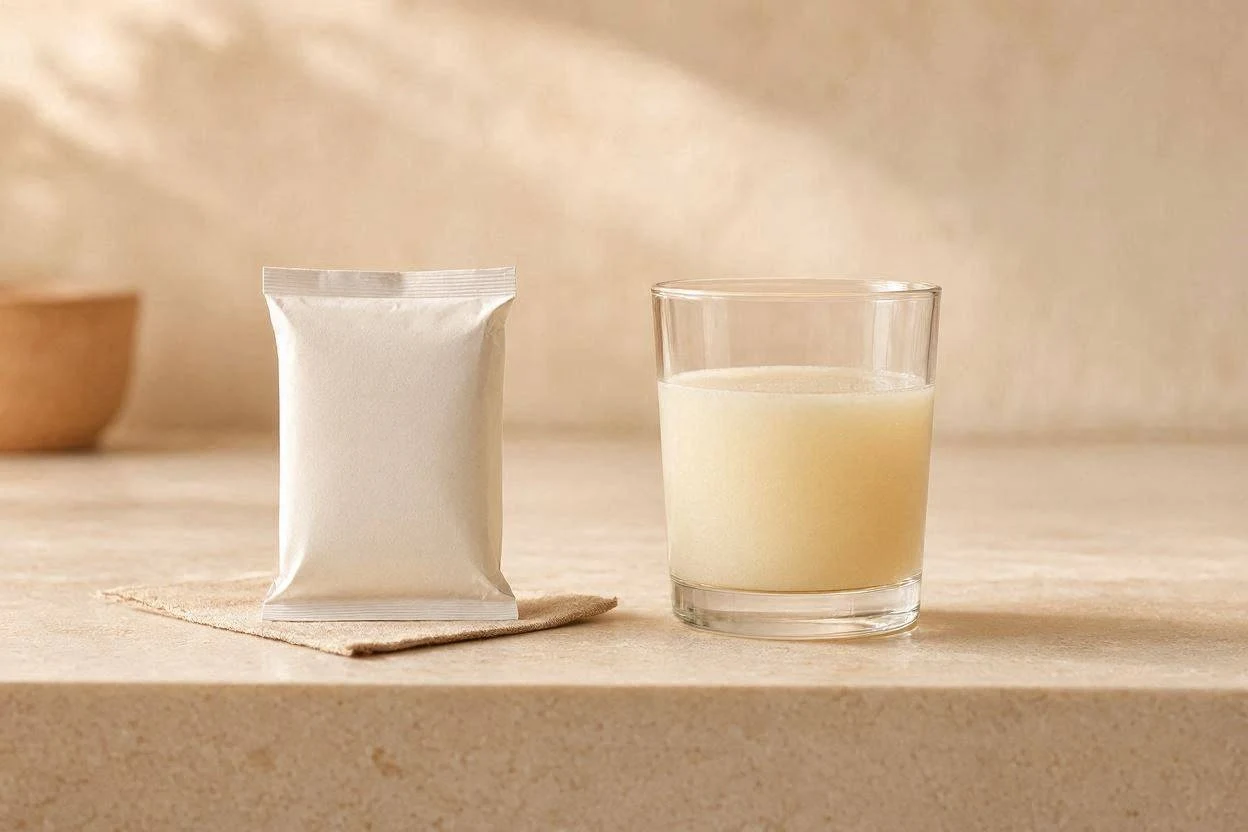 Packet of unflavored gelatin powder next to a glass of water on a kitchen counter