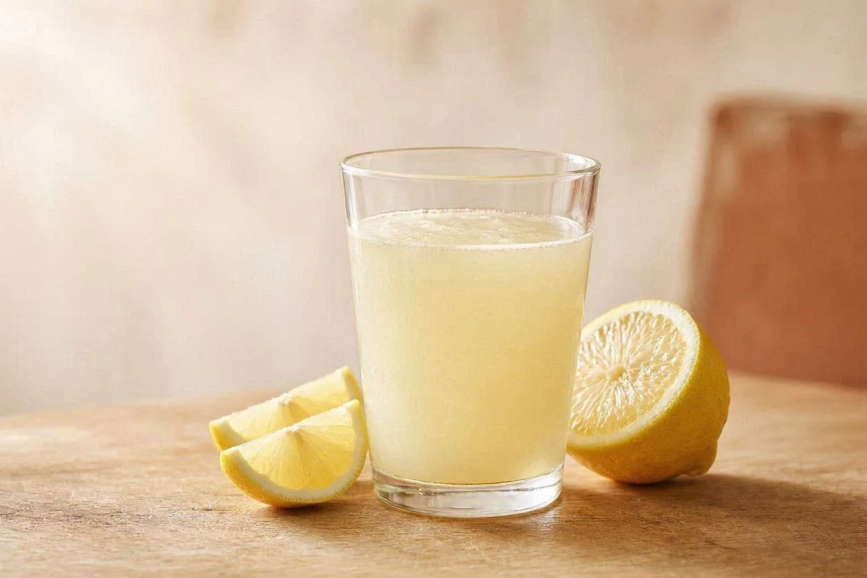 Sliced lemon next to a glass of gelatin drink