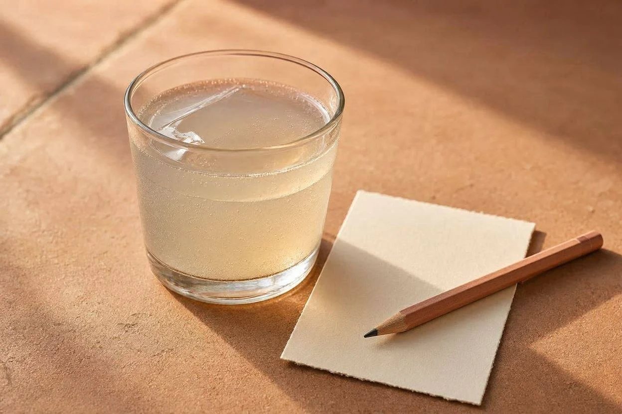 Glass of gelatin drink with a checklist next to it