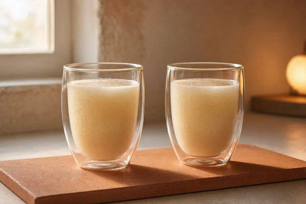 Split image of a glass of gelatin drink in morning light and evening light