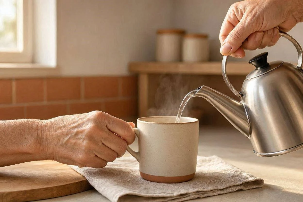 Older adult preparing a drink in the kitchen