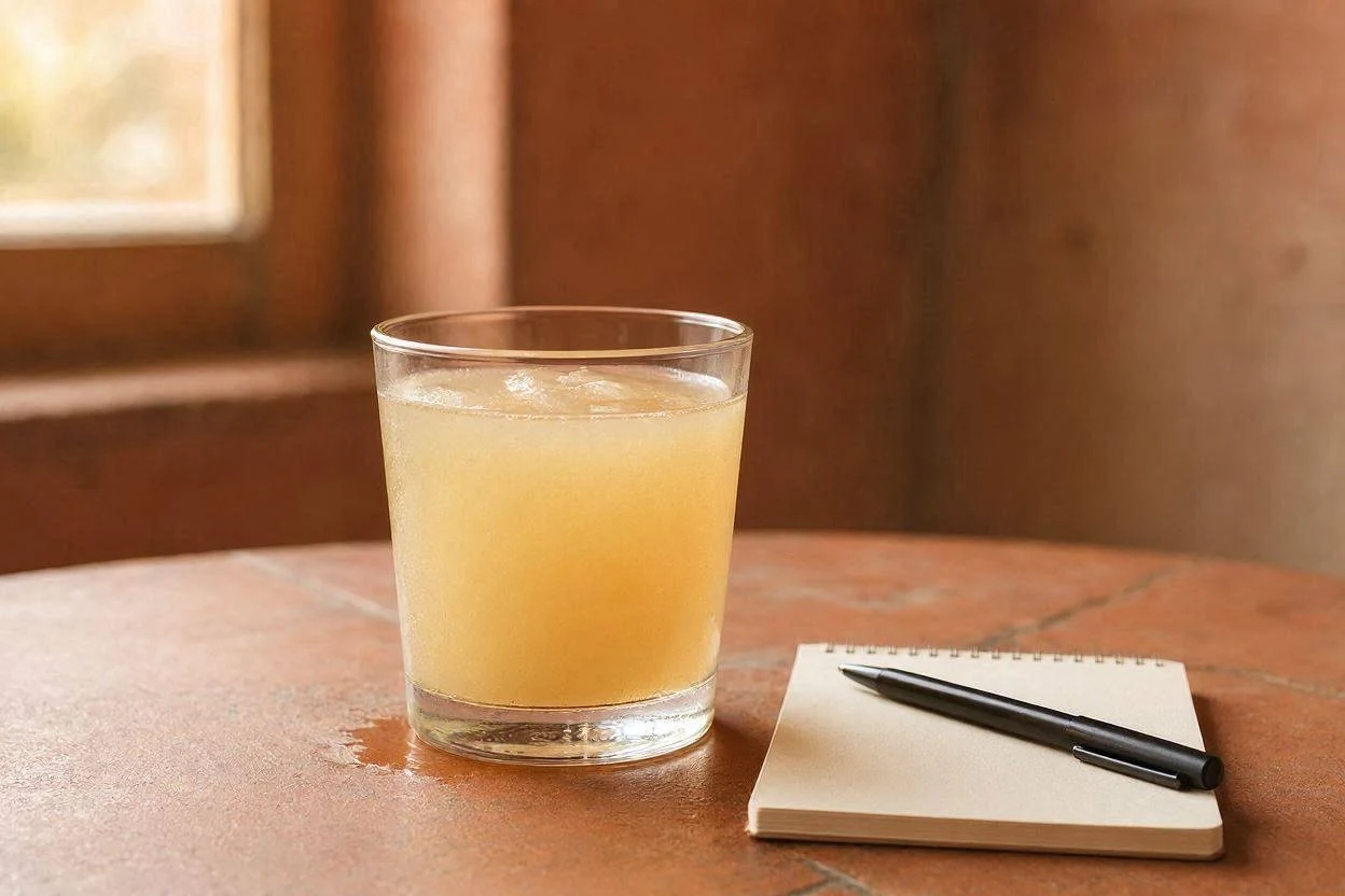 Glass of gelatin drink next to a notepad labeled Ozempic Jello Recipe