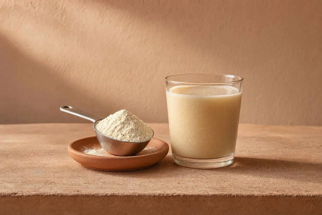 Scoop of protein powder next to a glass of gelatin drink