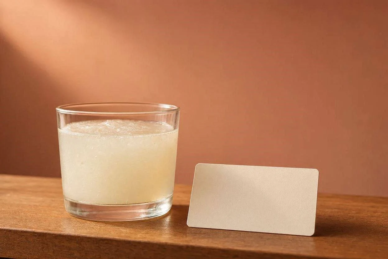 Glass of gelatin drink next to a small nutrition label card