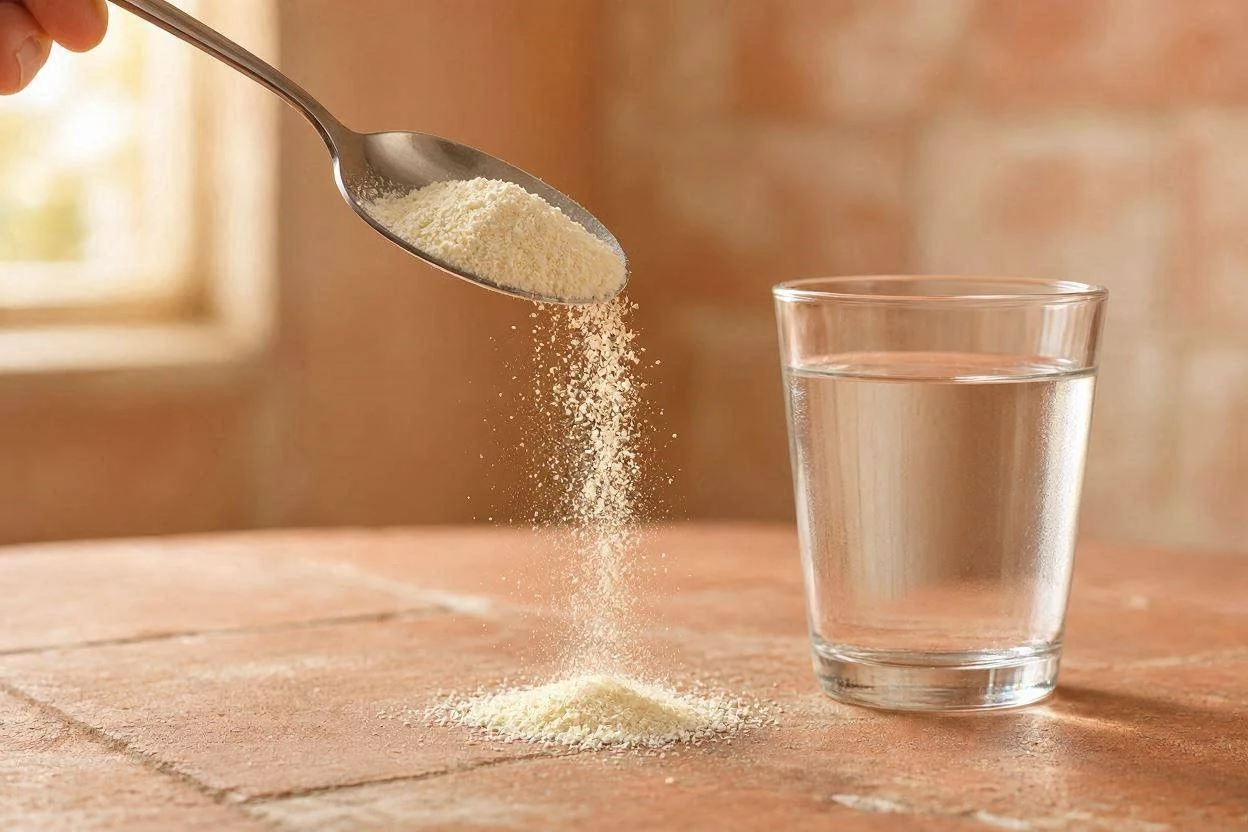 Tablespoon of unflavored gelatin powder next to a glass of water on a kitchen counter