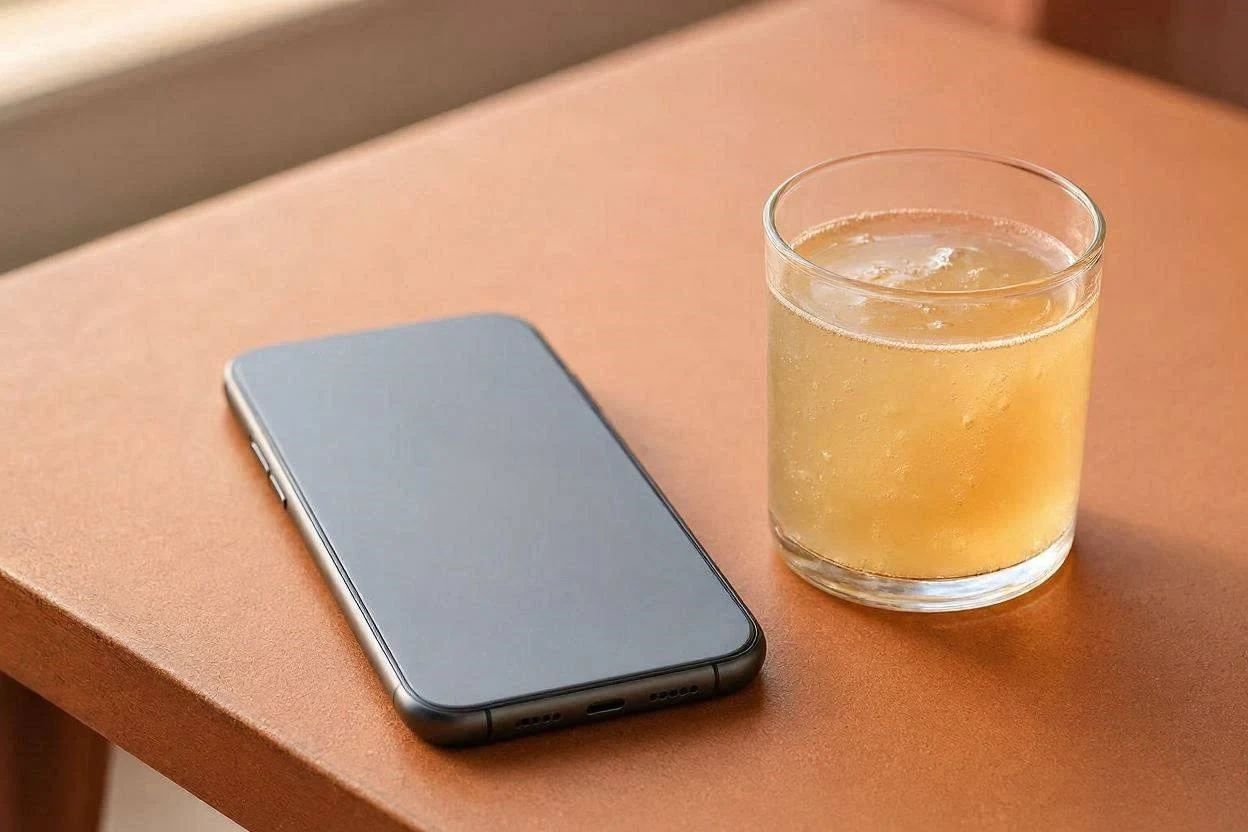 Phone showing an online forum discussion next to a glass of gelatin drink