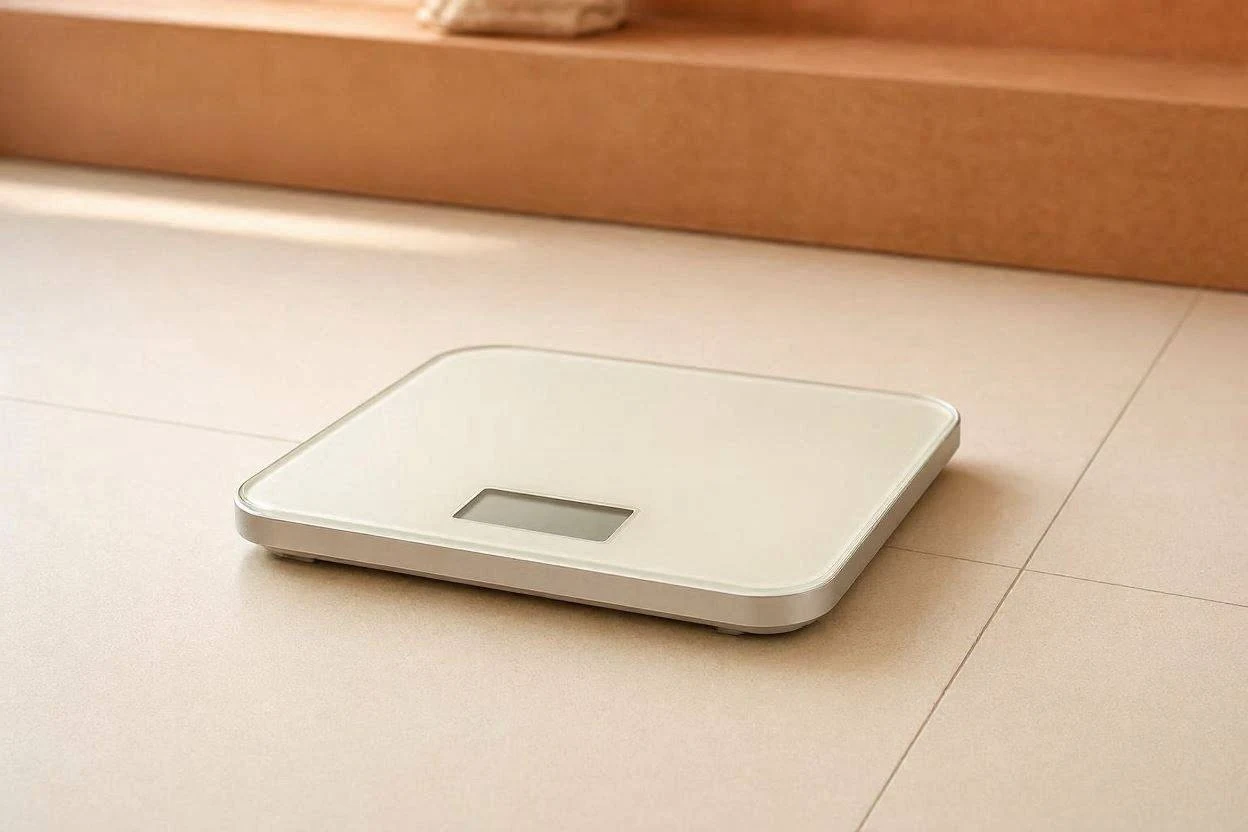 Scale next to a glass of gelatin drink on a bathroom counter