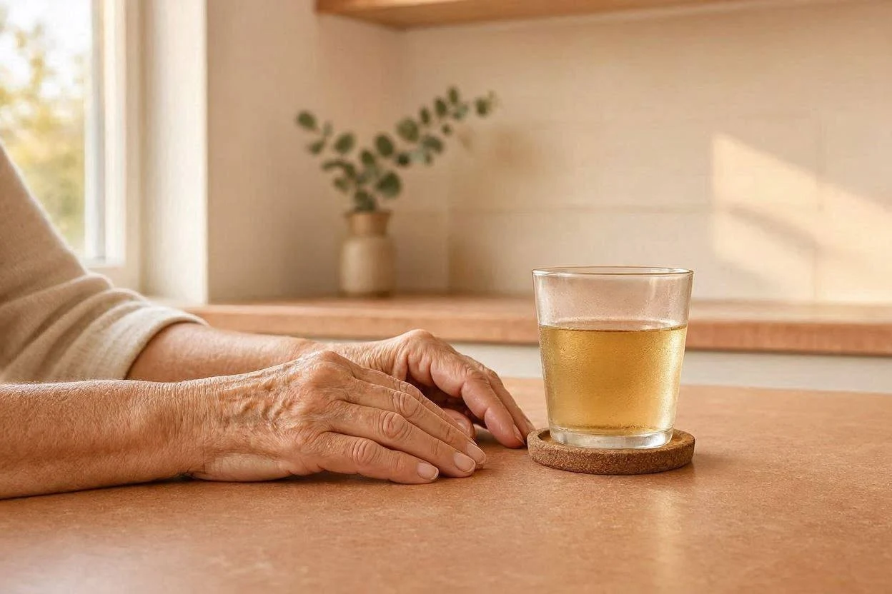 Older adult speaking with a doctor about a glass of gelatin drink