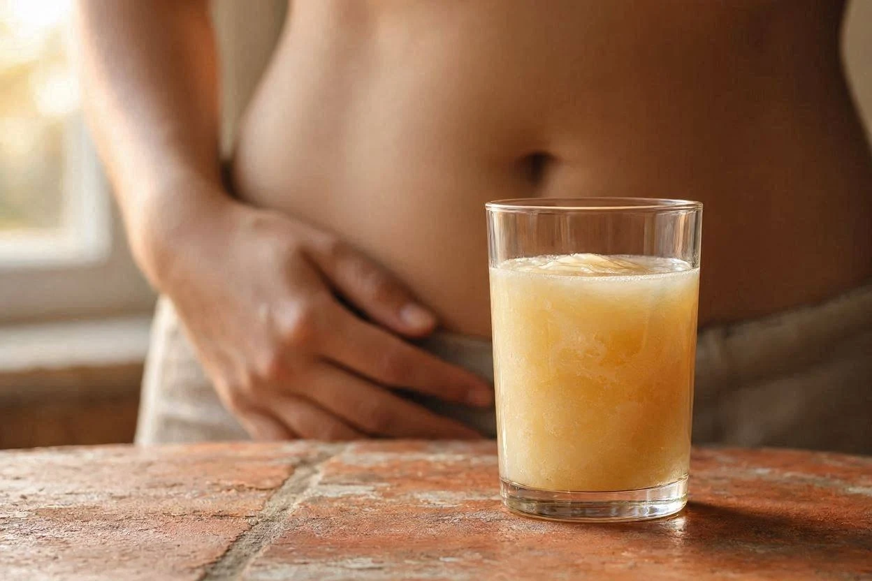 Person holding their stomach next to a glass of gelatin drink