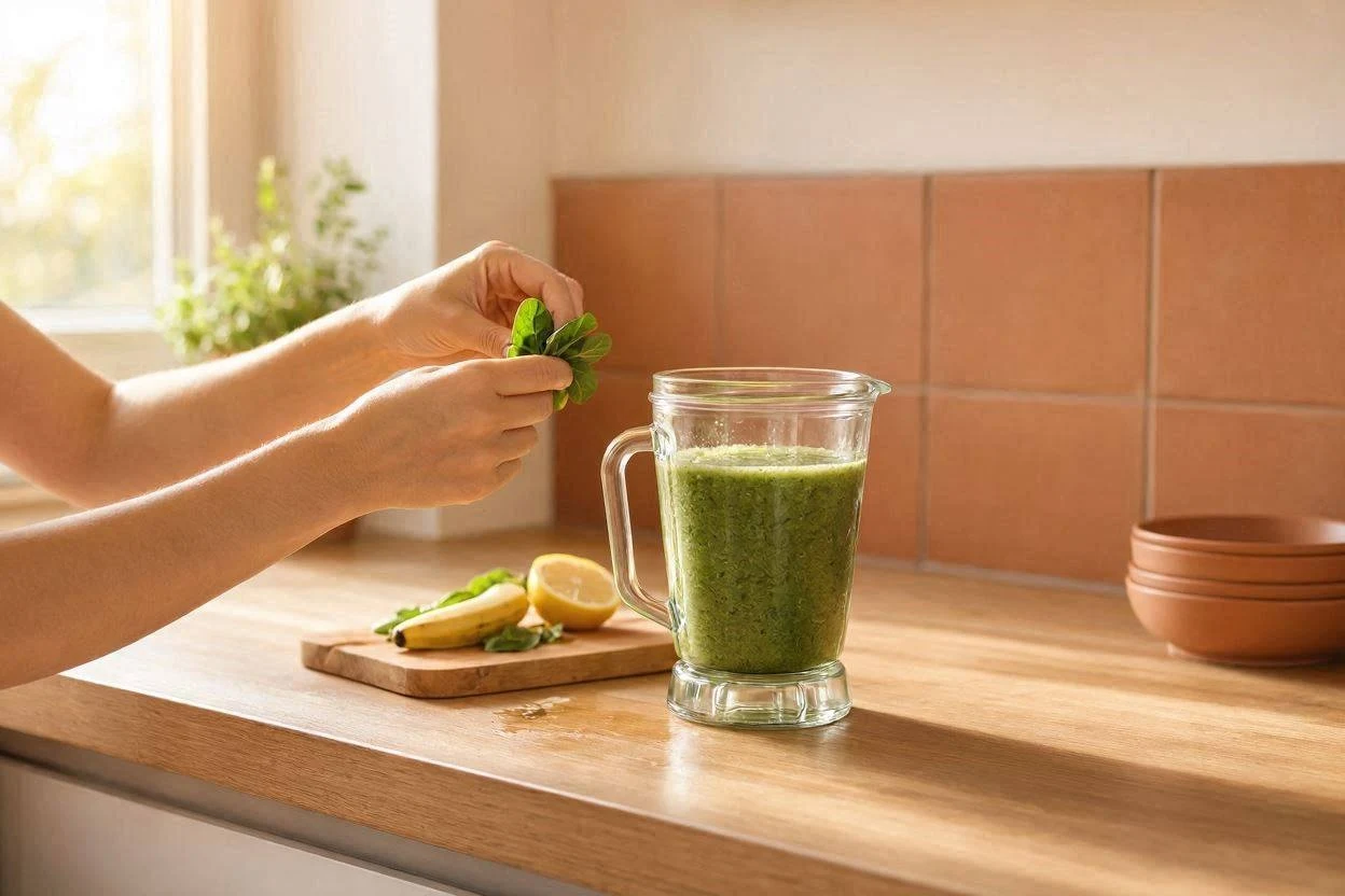 Person with healthy skin and hair preparing a drink in the kitchen