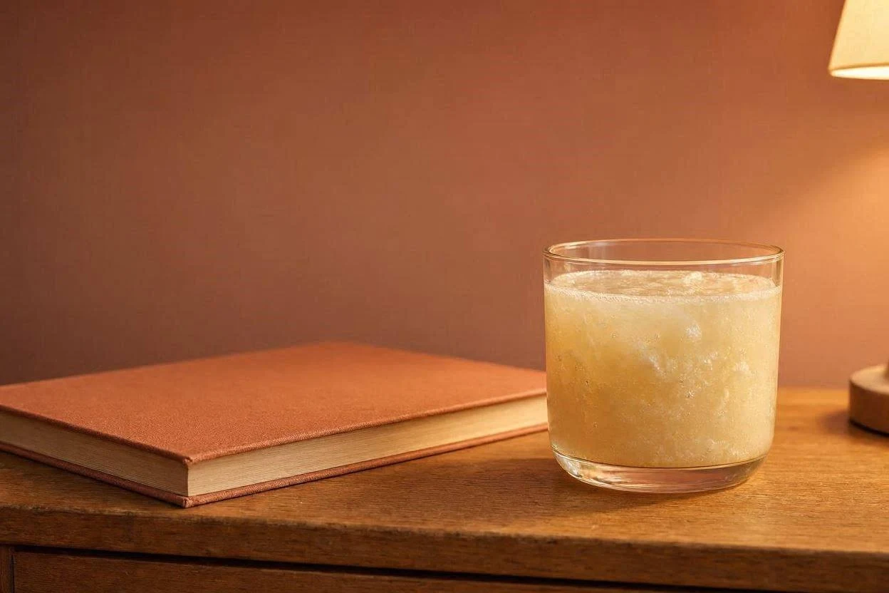 Glass of gelatin drink on a nightstand with a book, calm evening setting