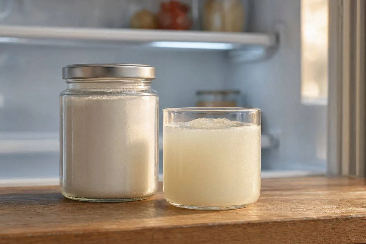 Sealed container of gelatin powder next to a refrigerated glass of prepared gelatin drink