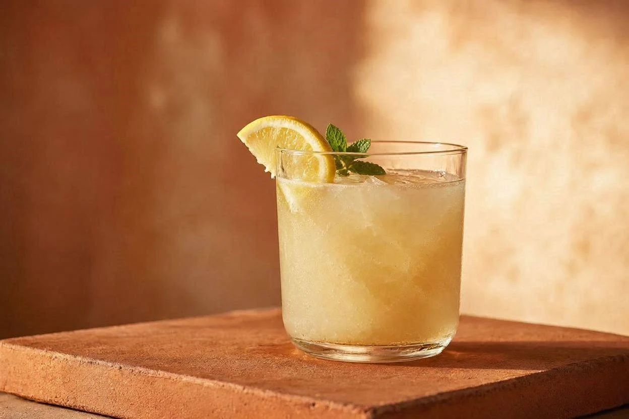 Glass of gelatin drink with lemon and mint garnish on a counter