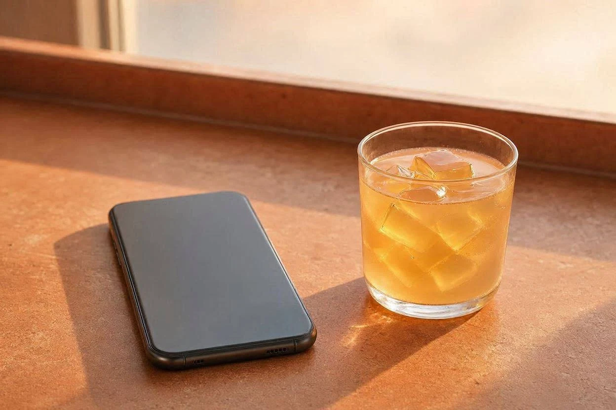Phone showing a social media video next to a glass of gelatin drink