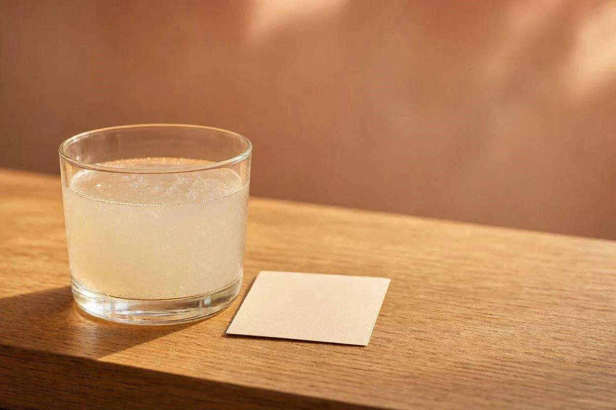 Glass of gelatin drink next to a small daily checklist card