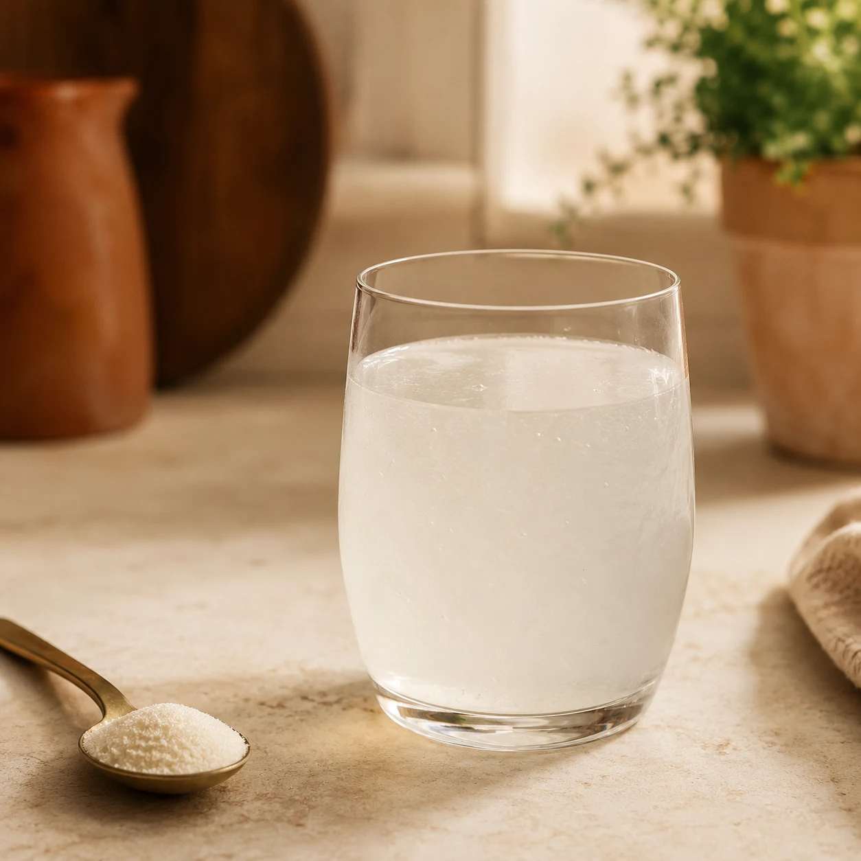 Glass of gelatin drink on a kitchen counter next to a spoon of gelatin powder