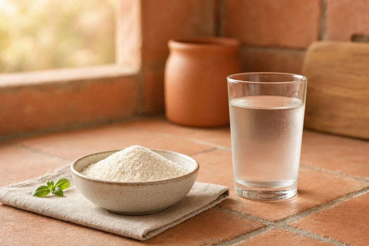 Agar-agar powder next to a glass of drink