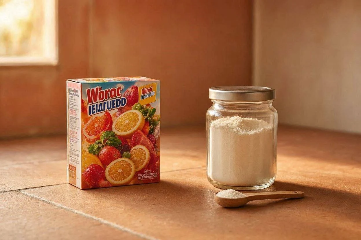 Box of flavored gelatin dessert next to plain unflavored gelatin powder