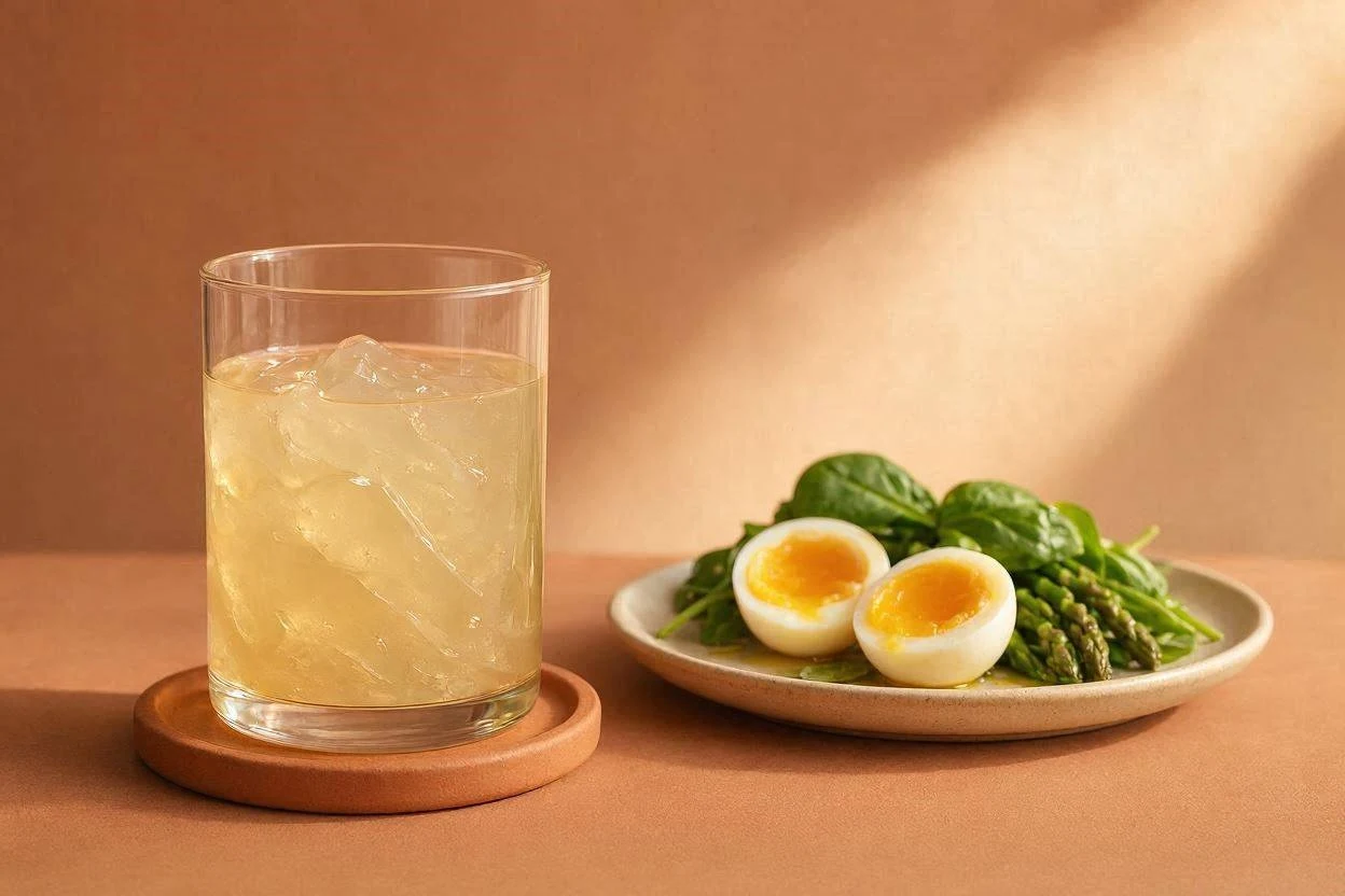 Glass of gelatin drink next to a plate of low-carb food