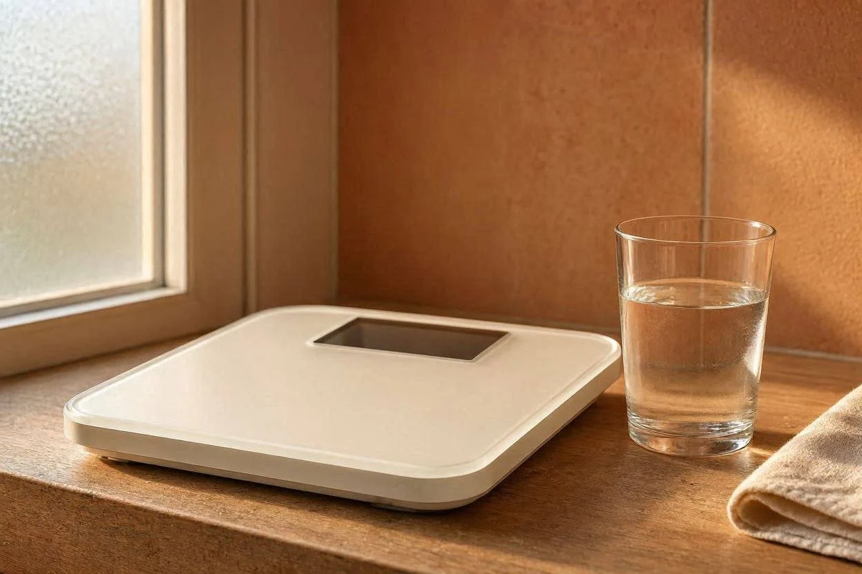 Scale next to a glass of water representing water weight