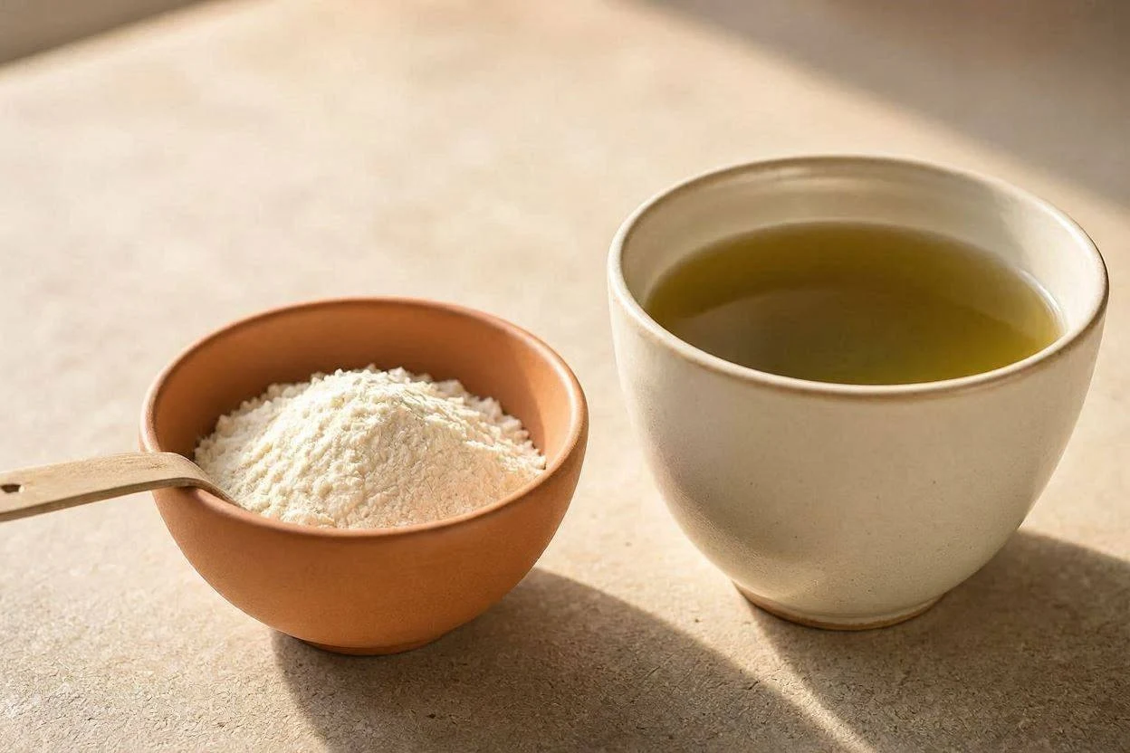 Cup of brewed green tea next to a small bowl of unflavored gelatin powder